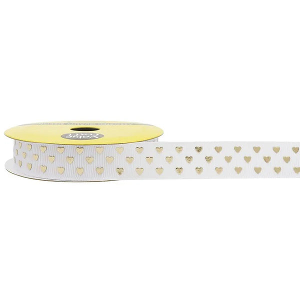 15mm White Colour with Heart Prints Grosgrain Ribbon