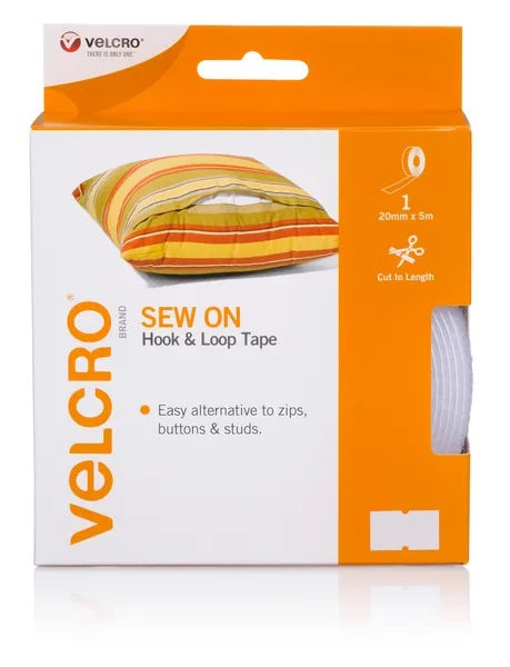 20mm x 5m White Colour Sew On Hook & Loop Velcro Tape