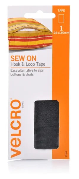 25mm x 130mm Black Colour Sew On Hook & Loop Velcro Tape