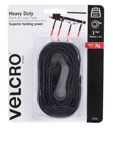 25mm x 1m Black Colour Heavy Duty Hook & Loop Velcro Tape
