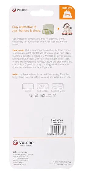 25mm x 1m Black Colour Sew On Hook & Loop Velcro Tape