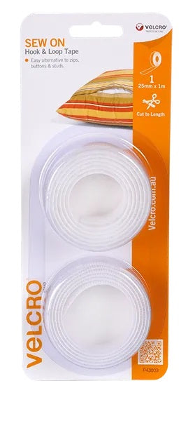 25mm x 1m White Colour Sew On Hook & Loop Velcro Tape