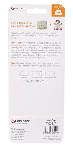 25mm x 1m White Colour Sew On Hook & Loop Velcro Tape