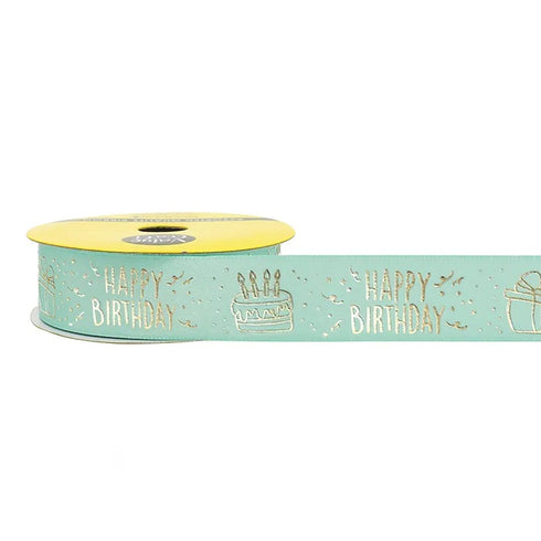 Aqua Colour with Happy Birthday Prints Satin Ribbon