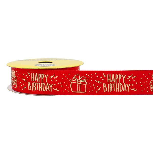 Red Colour with Happy Birthday Prints Satin Ribbon