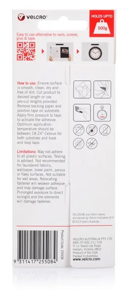 20mm x 130mm Stick On Hook & Loop Velcro Tape
