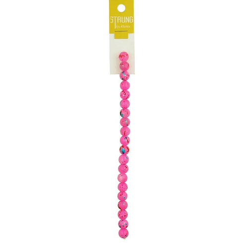 10mm Round Glass Pink Bead with Paint Splat Strung Beads