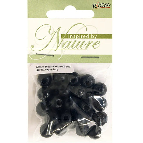 12mm Black Wooden Round Beads