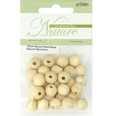 12mm Natural Wooden Round Beads