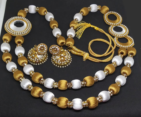 White & Gold Handmade Necklace & Earring Silk Thread Jewellery