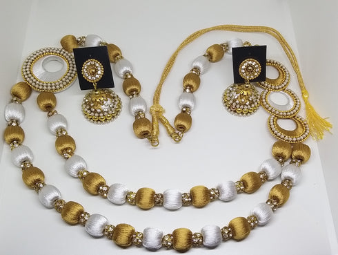 White & Gold Handmade Necklace & Earring Silk Thread Jewellery