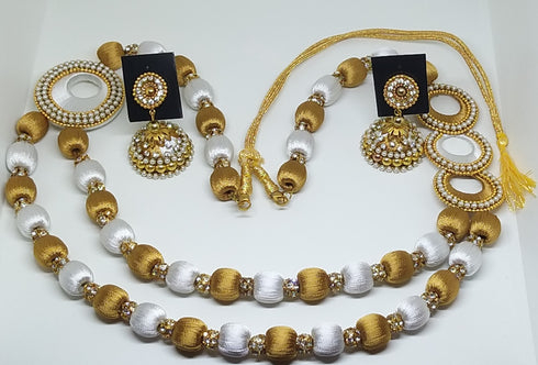 White & Gold Handmade Necklace & Earring Silk Thread Jewellery