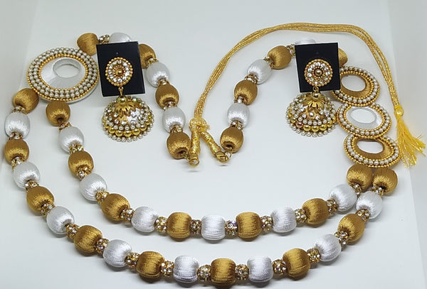 White & Gold Handmade Necklace & Earring Silk Thread Jewellery
