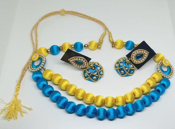 Yellow & Blue Handmade Necklace & Earring Silk Thread Jewellery