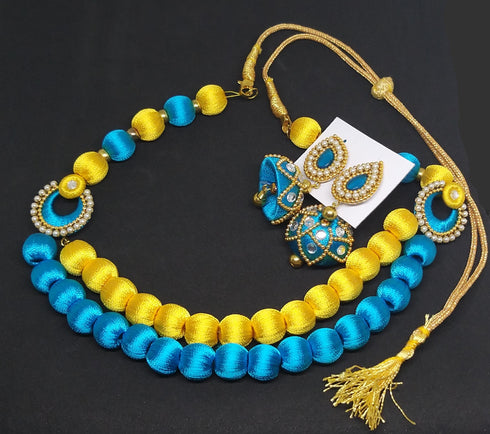 Yellow & Blue Handmade Necklace & Earring Silk Thread Jewellery