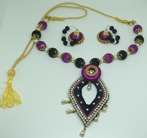 Black & Pink Handmade Necklace & Earring Silk Thread Jewellery