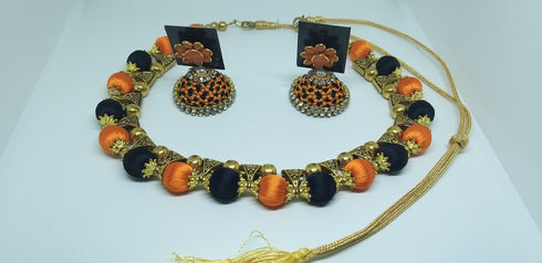 Orange & Black Handmade Necklace & Earring Silk Thread Jewellery