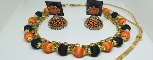 Orange & Black Handmade Necklace & Earring Silk Thread Jewellery