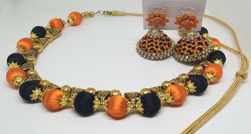 Orange & Black Handmade Necklace & Earring Silk Thread Jewellery