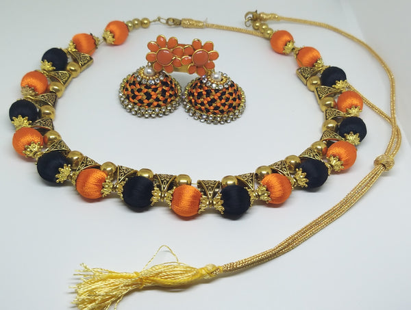 Orange & Black Handmade Necklace & Earring Silk Thread Jewellery