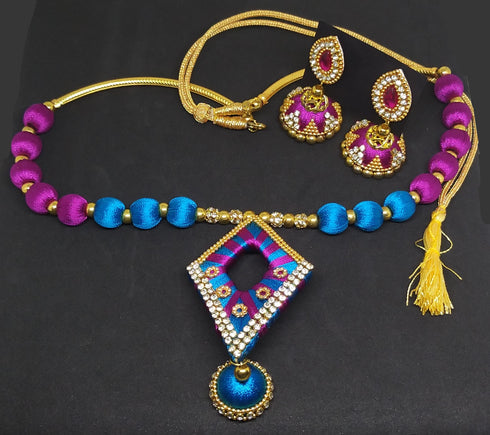 Blue & Pink Handmade Necklace & Earring Silk Thread Jewellery