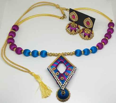 Blue & Pink Handmade Necklace & Earring Silk Thread Jewellery