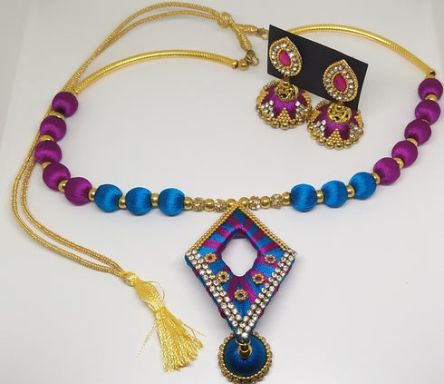 Blue & Pink Handmade Necklace & Earring Silk Thread Jewellery