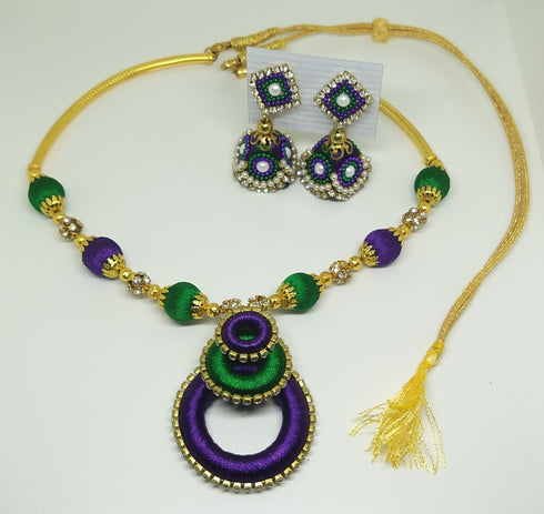 Violet & Green Handmade Necklace & Earring Silk Thread Jewellery