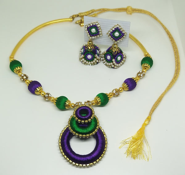 Violet & Green Handmade Necklace & Earring Silk Thread Jewellery