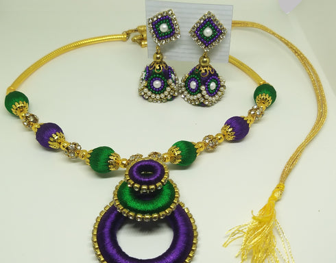 Violet & Green Handmade Necklace & Earring Silk Thread Jewellery