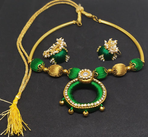 Green & Gold Handmade Necklace & Earring Silk Thread Jewellery