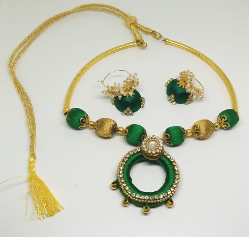 Green & Gold Handmade Necklace & Earring Silk Thread Jewellery