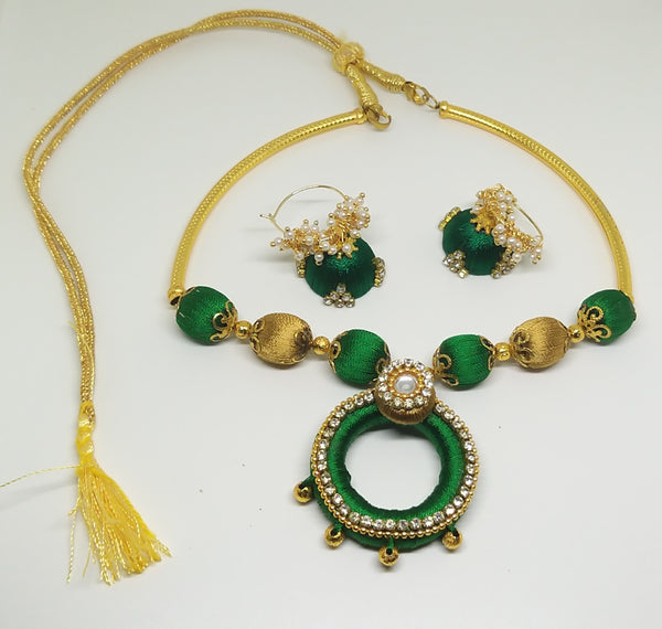 Green & Gold Handmade Necklace & Earring Silk Thread Jewellery