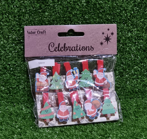 Xmas Santas & Trees Shapes Wooden Pegs