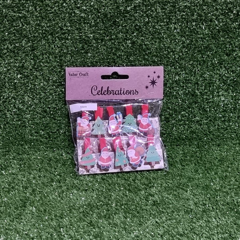 Xmas Santas & Trees Shapes Wooden Pegs