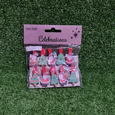 Xmas Santas & Trees Shapes Wooden Pegs