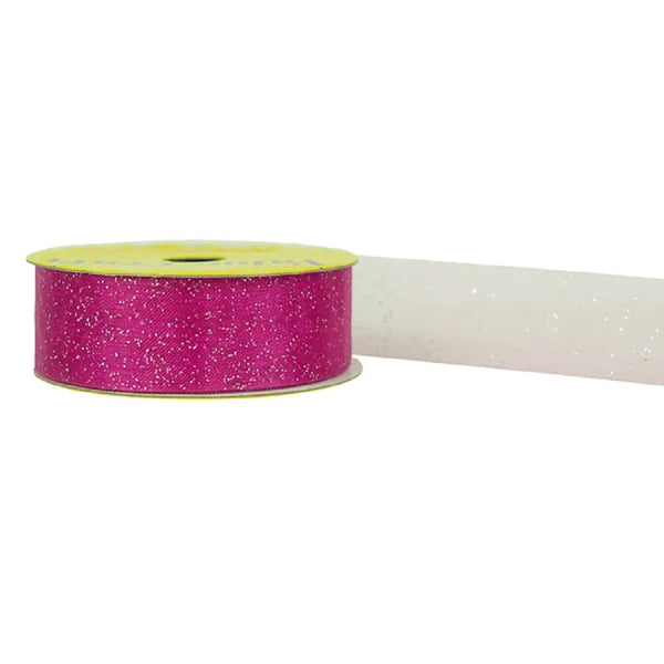 25mm Organza with Glitter Hot Pink/Silver Ribbon