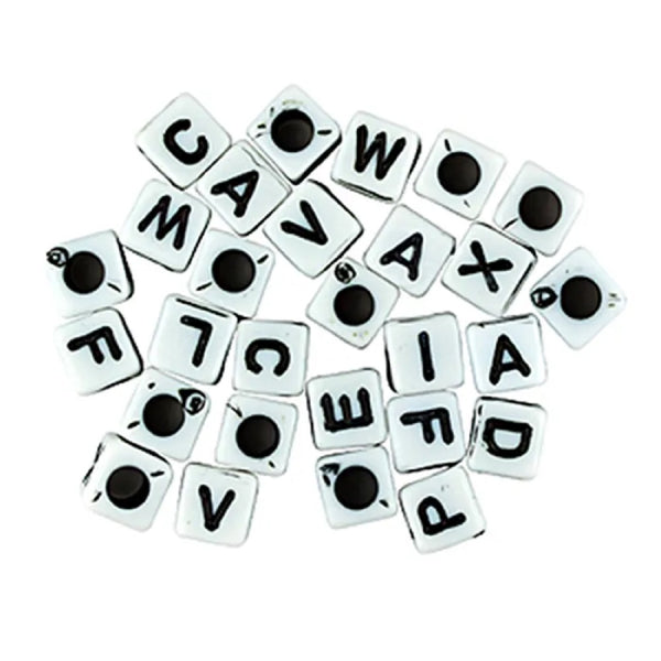 White with Black Colour Letters Alphabet Cube Beads
