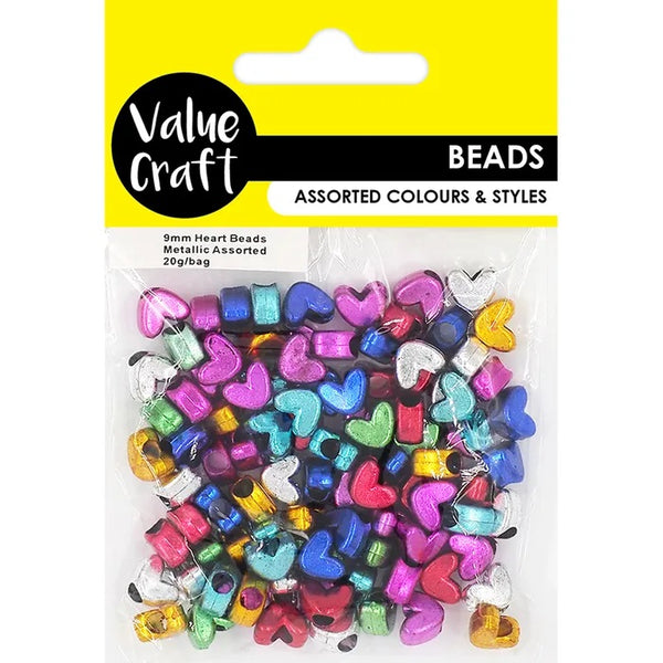 9mm Bright Metallic Heart Beads