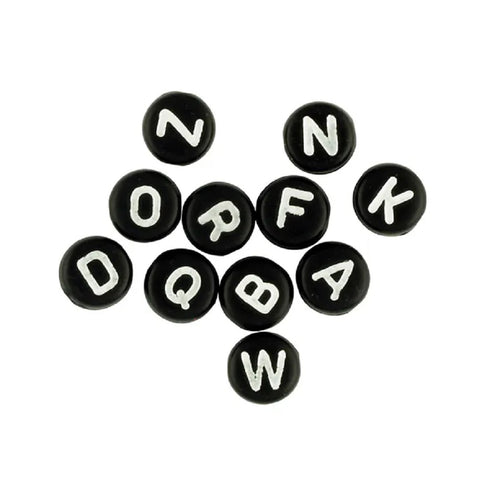 6mm Black Colour Flat Round Alphabet Beads