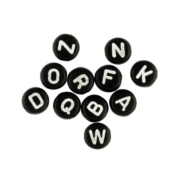 6mm Black Colour Flat Round Alphabet Beads