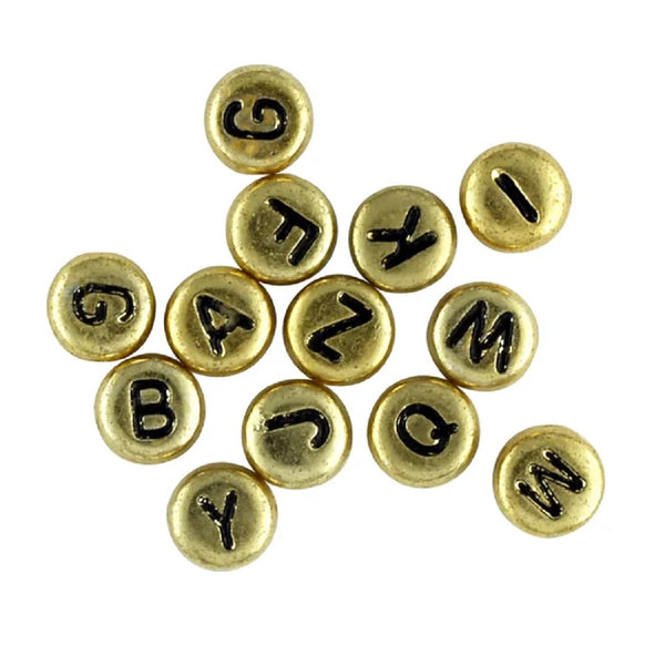 6mm Gold Colour Flat Round Alphabet Beads
