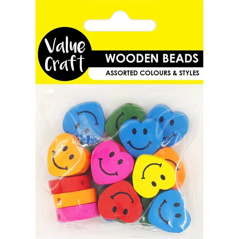 Assorted Fluoro Colours Heart Smiley Wooden Beads