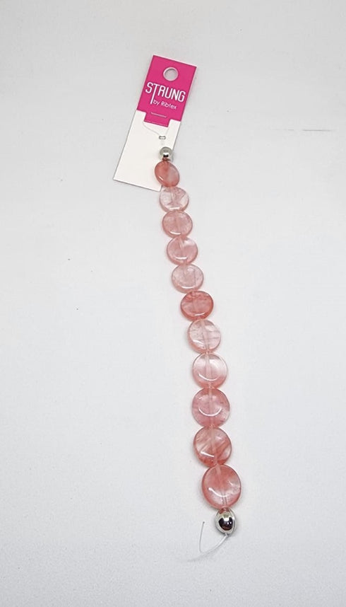 Pink Colour Glass Round Squashed Strung Beads