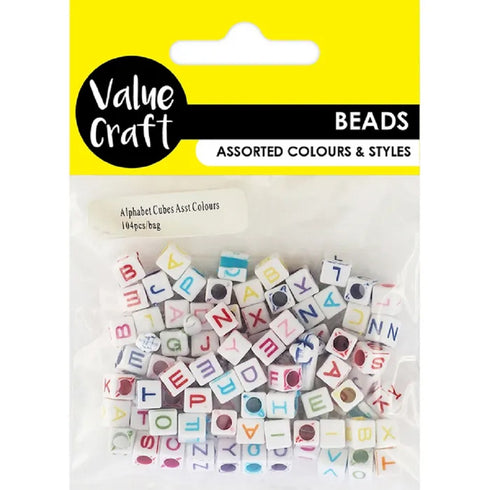 White with Assorted Colour Letters Alphabet Cube Beads