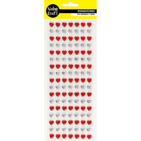Red & Silver Hearts Self Adhesive Rhinestones