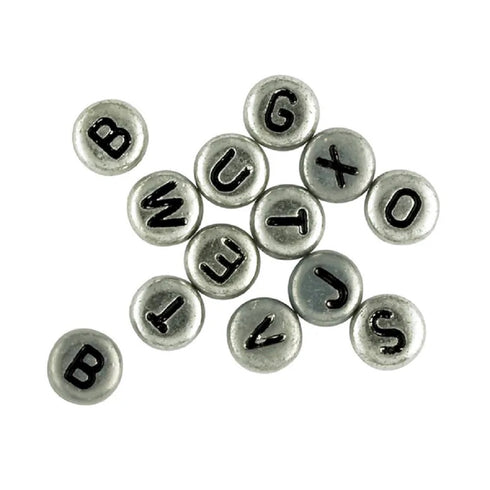 6mm Silver Colour Flat Round Alphabet Beads