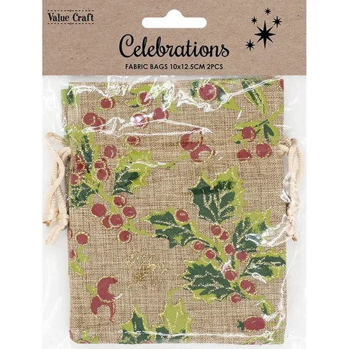 Xmas Natural with Holly Fabric Gift Bag