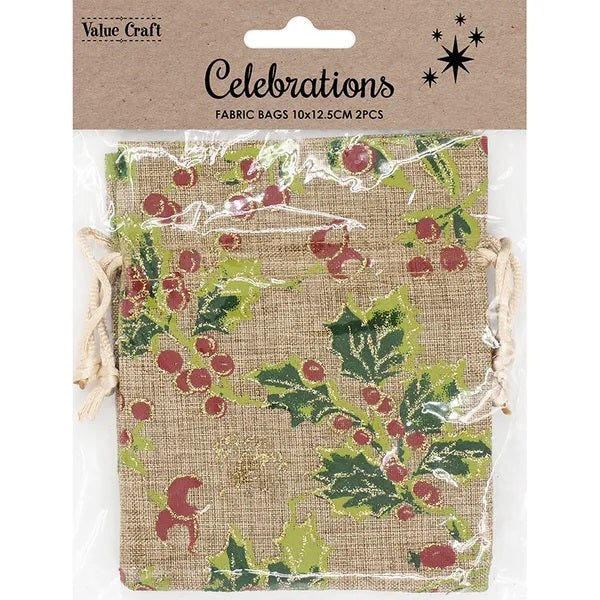 Xmas Natural with Holly Fabric Gift Bag