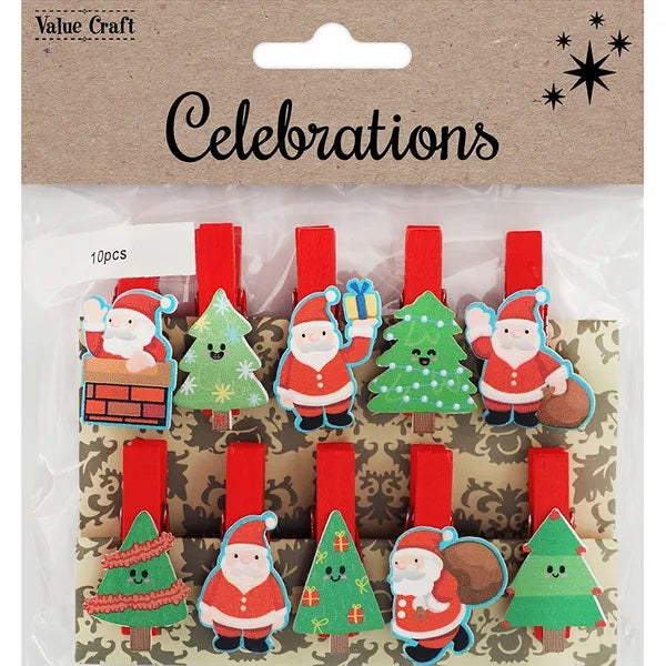 Xmas Santas & Trees Shapes Wooden Pegs